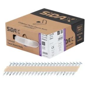 Box of SIDAX collated twist-shank nails with a nail strip in front.